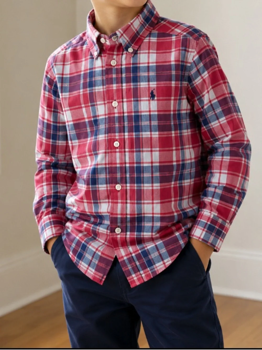 Ralph Lauren Red, Blue & White Plaid Button-Down Shirt